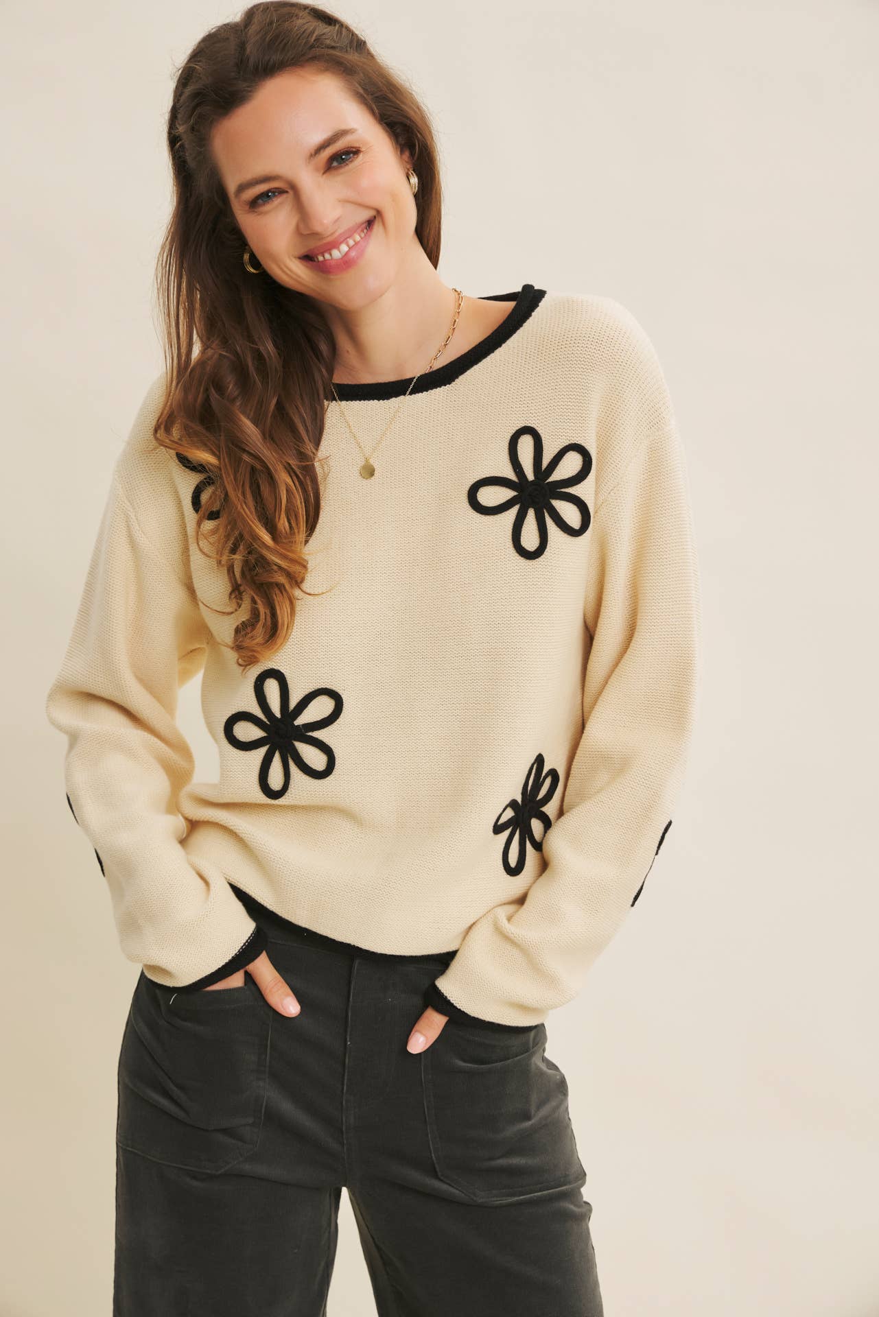 in february - Wholesale Knit Sweater - Women's - EFFORTLESS COMFORT CONTRAST FLORAL APPLIQUE SOFT SWEATER3