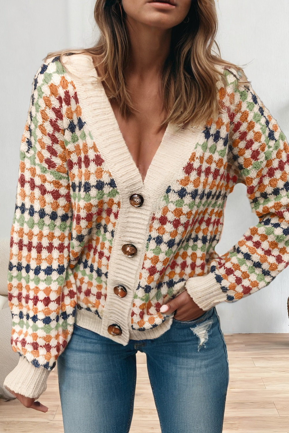 LA Society - Wholesale Cardigan - Women's - Dotty Pattern Knit Button Front V Neck Sweater Cardigan2