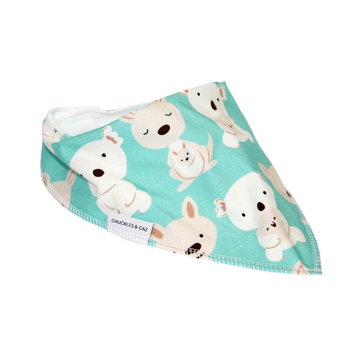 Chuckles & Caz - Wholesale Bib - Baby - Aqua Koala & Kangaroo Dribble Bib