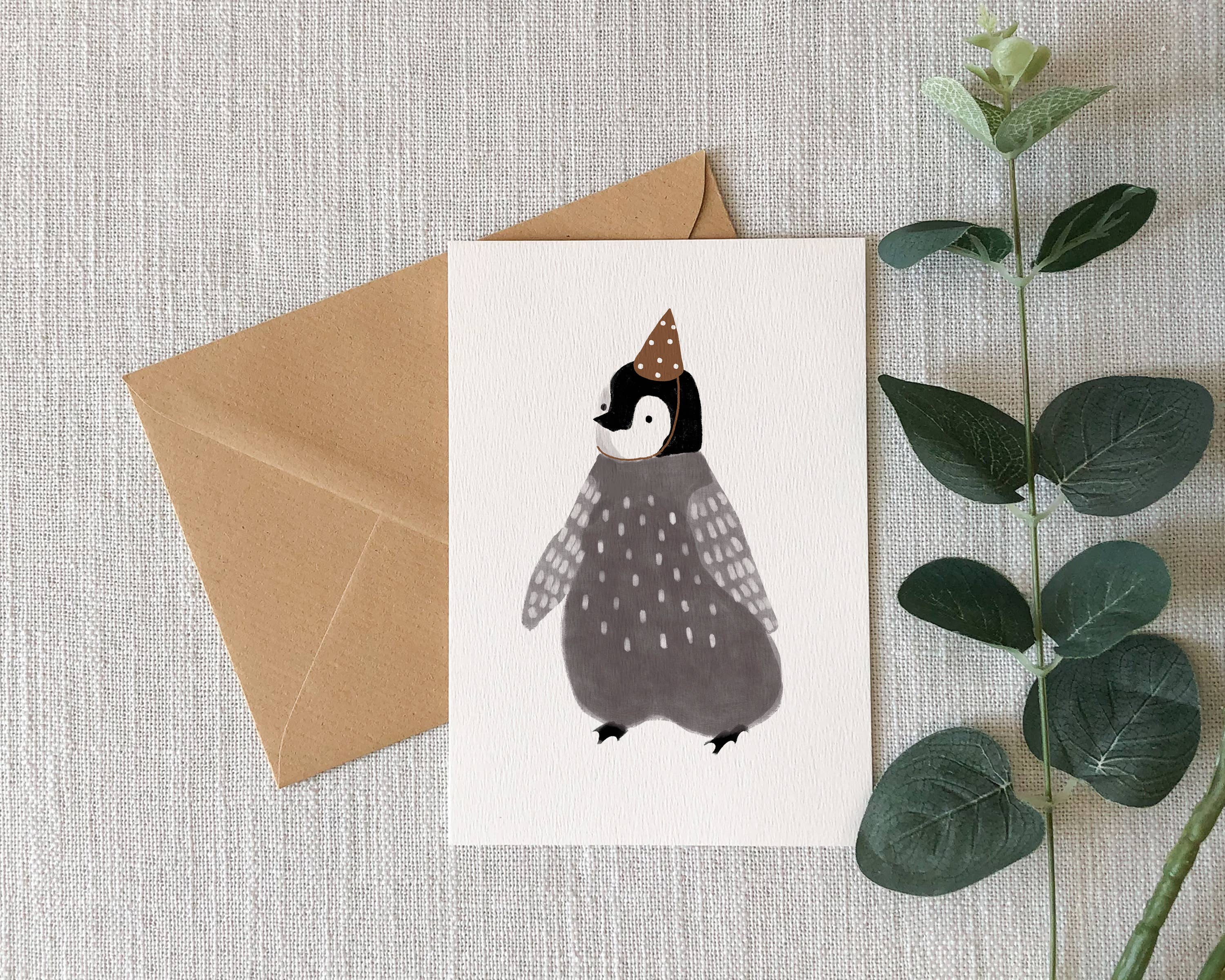 HeatherLucyJ Design – wholesale Birthday card – Penguin In Party Hat Greeting Card1