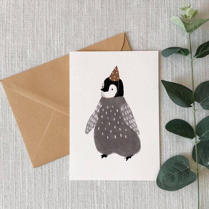 HeatherLucyJ Design – wholesale Birthday card – Penguin In Party Hat Greeting Card1