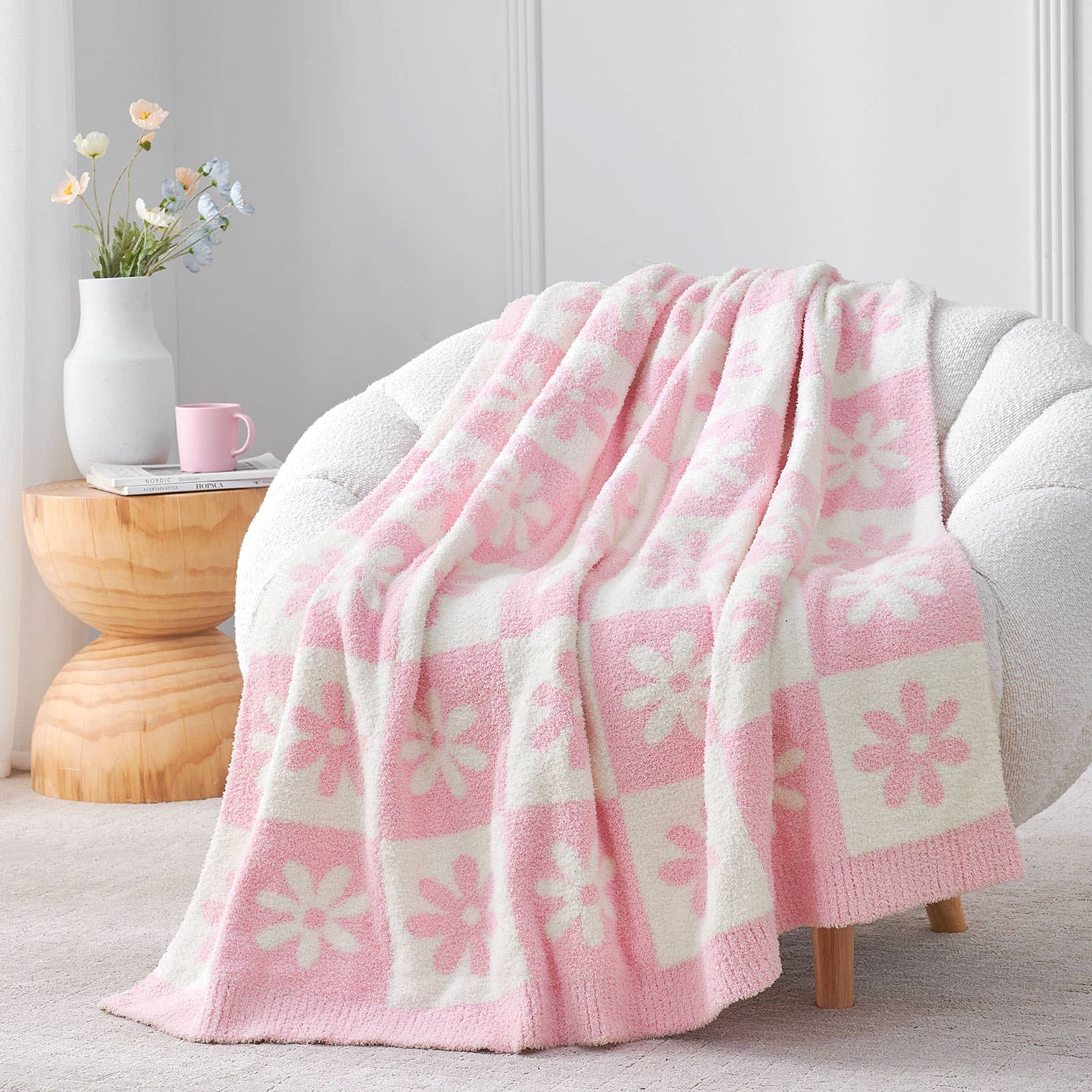 DreamValley - Wholesale Throw Blanket - SS Checkered Floral Throw Blanket Reversible Knitted Throw13