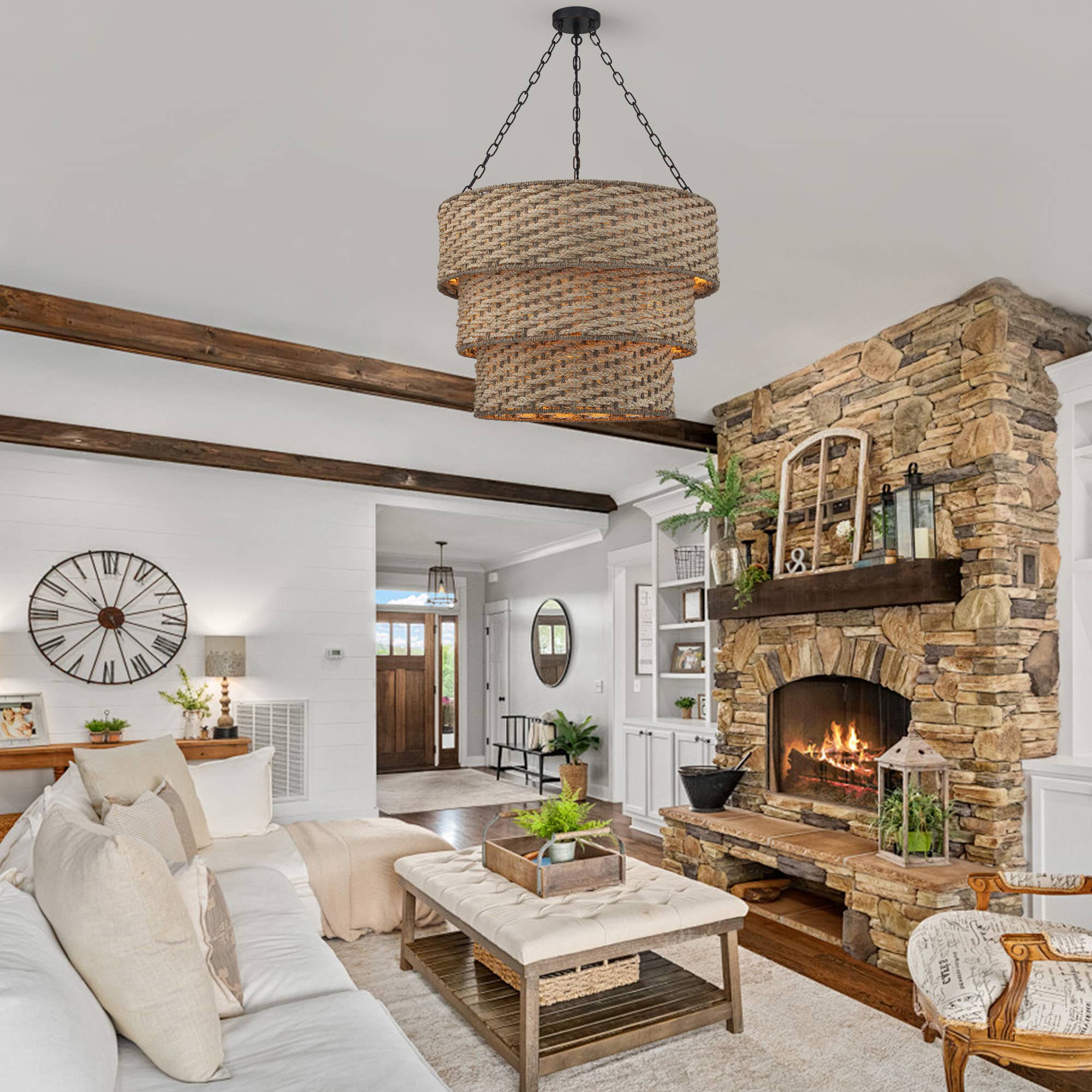 Beige Tierra 5-Light Matte Black 3-Tiered Rattan Chandelier for wholesale on Faire2