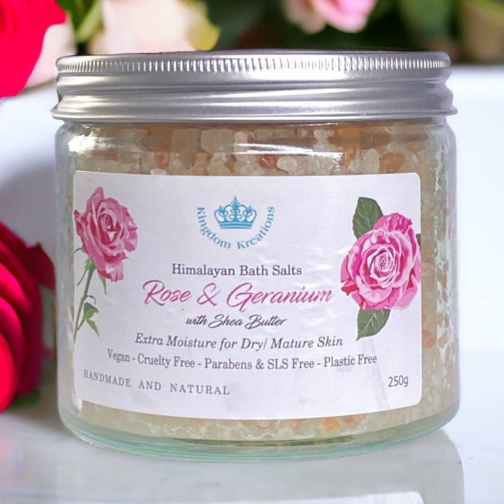 Himalayan Bath Salts - Rose & Geranium Essential Oils + Shea for wholesale by Kingdom Kreations