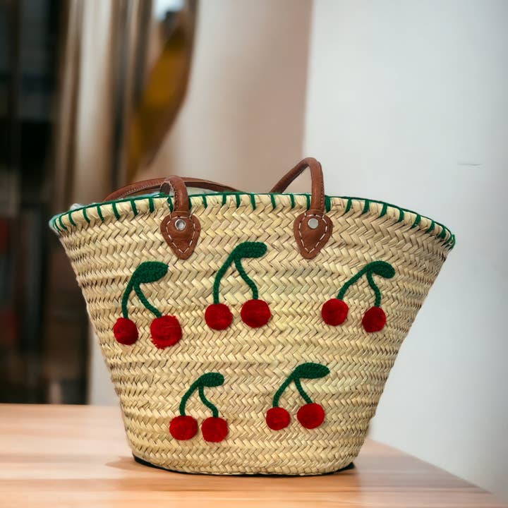 Straw beach bag, Handmade with Leather, Cherry & cactus for wholesale by HandmadeBestSeller