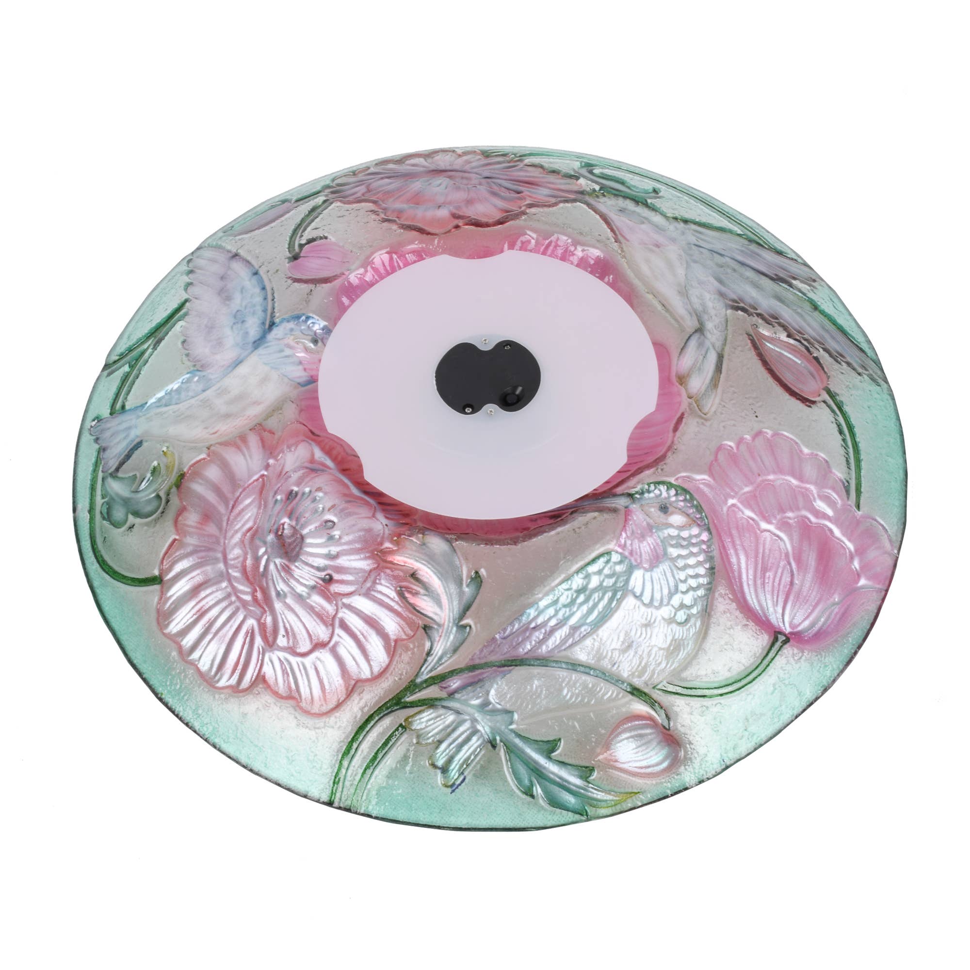 Hi-Line Gift Ltd. - Vente Bain pour oiseaux - Bain d'oiseaux en verre floral à LED solaire - Colibri et coquelicots6