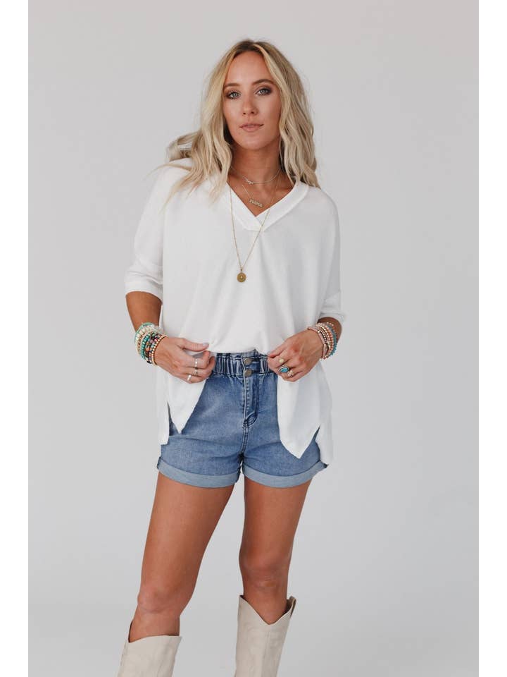 Three Bird Nest - Wholesale Knit Top - Women's - On The Go V Neck Ribbed Essential Tee - Off White1