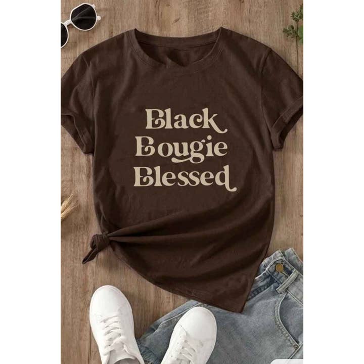Nobrand - Wholesale Screen Printed T-Shirt - Women's - BLACK BOUGIE BLESSED WOMEN GRAPHIC TEE