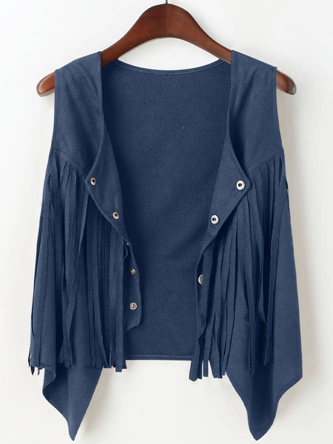 UNISHE - Wholesale Outerwear Vest - Women's - Summer Tops Plain Suede Snap Button Tassel Vest ZK10371