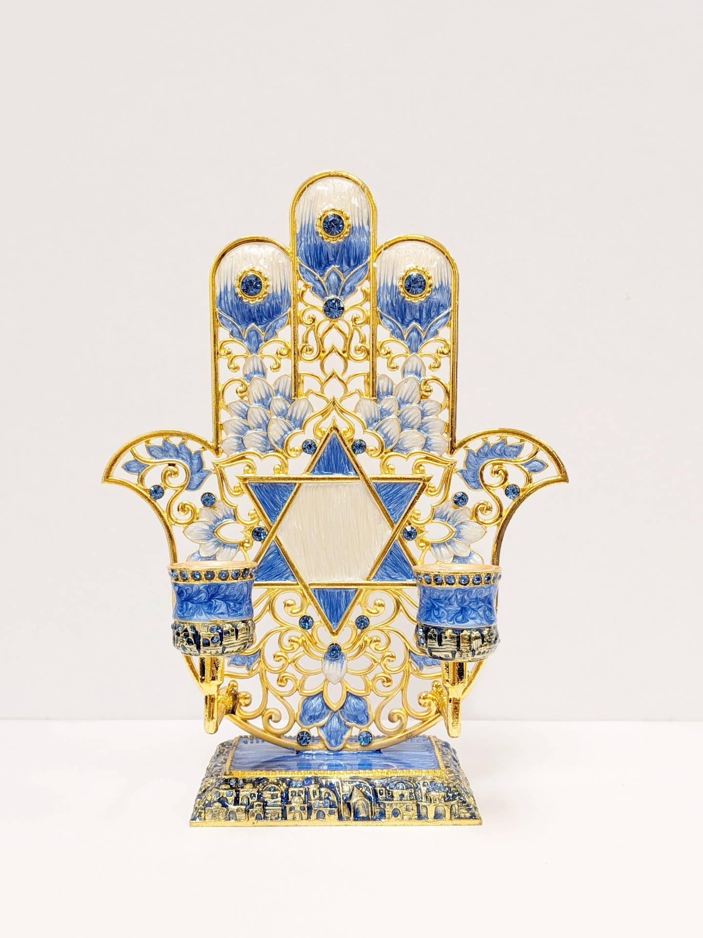 Collection by Nouvelle - Wholesale Candle Holder - Blue Hamsa Star of David Design Candle Holder