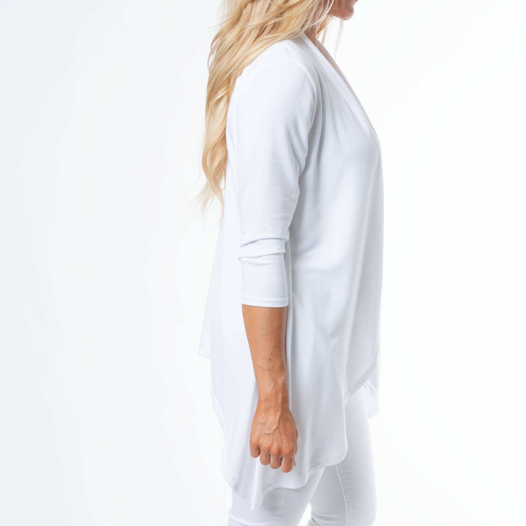 Elsie & Zoey – wholesale Cardigan – Women’s – Diana White Short Stretch Denim 3/4 Sleeve Cardigan3