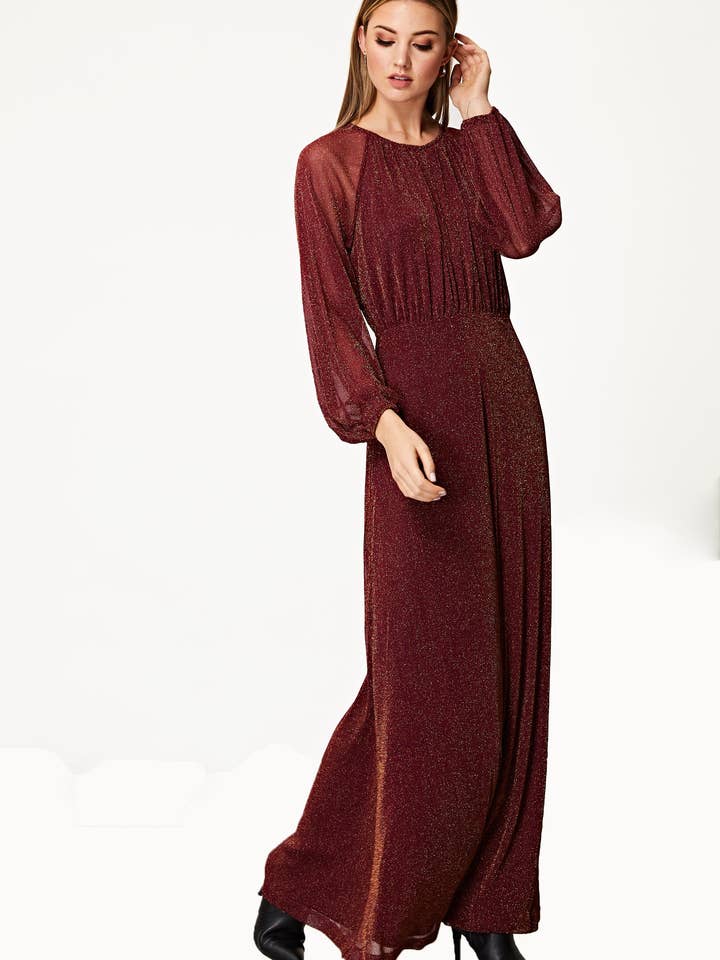 Vestido Comprido de Chiffon com Manga Comprida e Lurex Dourado em Borgonha por atacado de ANGELEYE