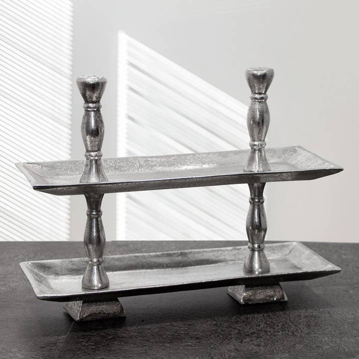 Antikas - Vendita all'ingrosso Vassoi da portata - Etagere rettangolare in alluminio a 2 piani con manico