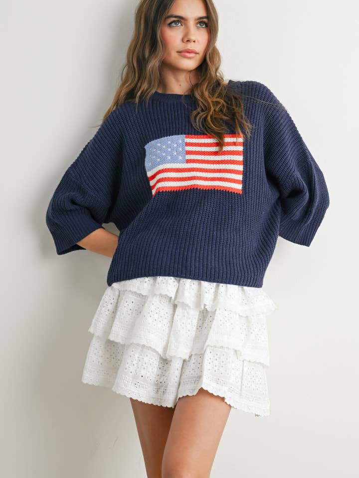 BUTTERMELON - Wholesale Knit Sweater - Women's - Flag Print Knit Sweater - BMW7691