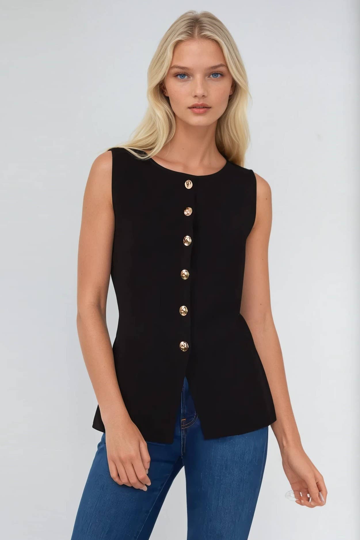 Black SLEEVELESS FINE KNIT GOLD BUTTON PEPLUM TOP W1486TIA for wholesale on Faire0