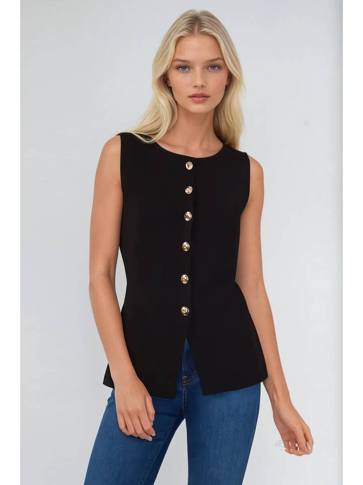Black SLEEVELESS FINE KNIT GOLD BUTTON PEPLUM TOP W1486TIA for wholesale on Faire