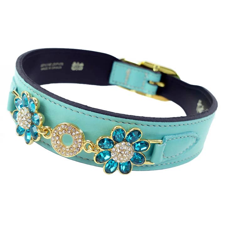 Hartman & Rose - Wholesale Pet collar – Dog - Daisy Dog Collar in Turquoise, Blue Zircon & Gold1