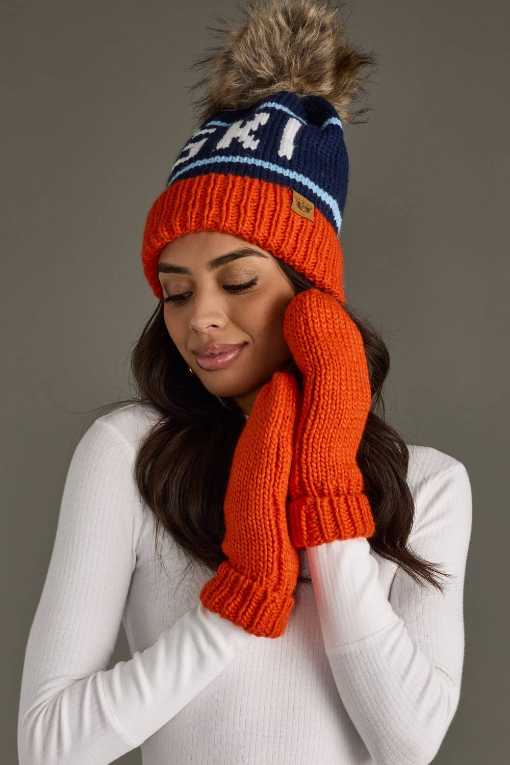 Panache Apparel Co. - Wholesale Beanie - Women's - Orange, Navy & Lt. Blue Ski Pom Hat4