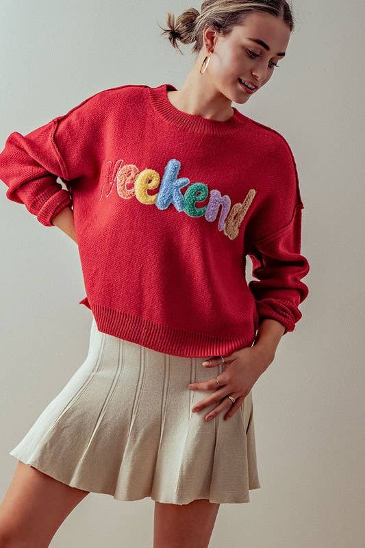 Heyday - Wholesale Knit Sweater - Women's - RIB KNIT WEEKEND EMBROIDERED SWEATER2