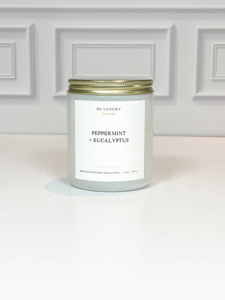 Pebermynte + Eukalyptus - 8 oz Mælkeagtigt Glaslys for engroshandel hos DS Luxury Candles