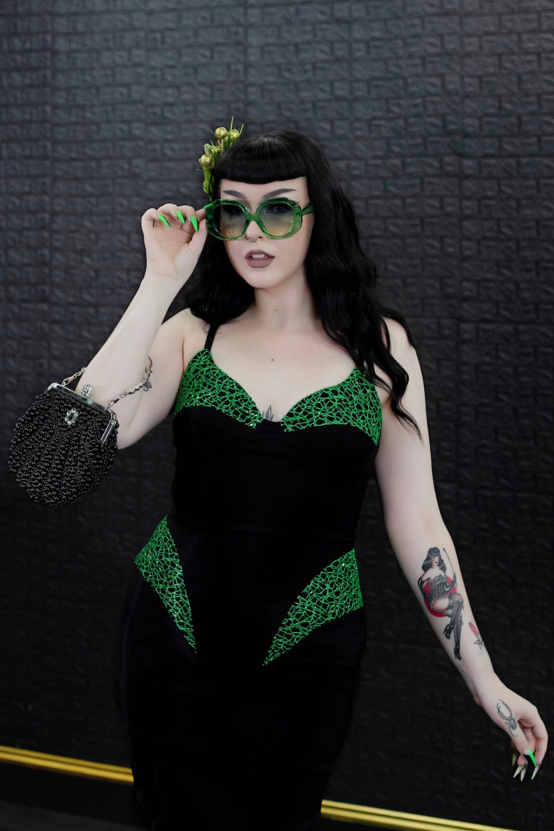 Weasel Wear - Wholesale Gown - Women's - Creature Sparkle Dress in Green - Glitter Net Mermaid Dress with Structured Neckline & Seaweed Sparkle Overlay (Siren of the Swamp Edition)3