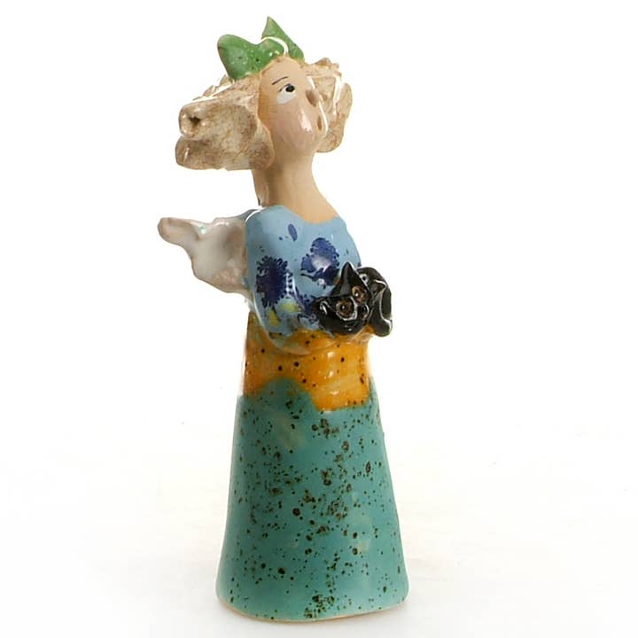 Quirky Angel Lady Figurine with Black Cat for wholesale by Art In Ceramic