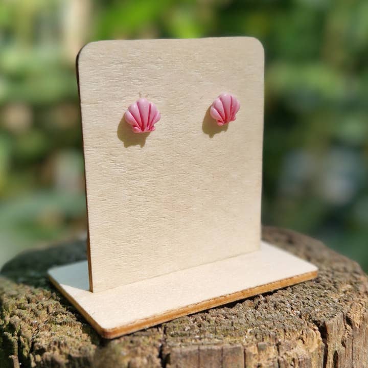 Handmade Polymer Clay Scallop Shell Hypoallergenic Studs for wholesale by Green Grove Designs