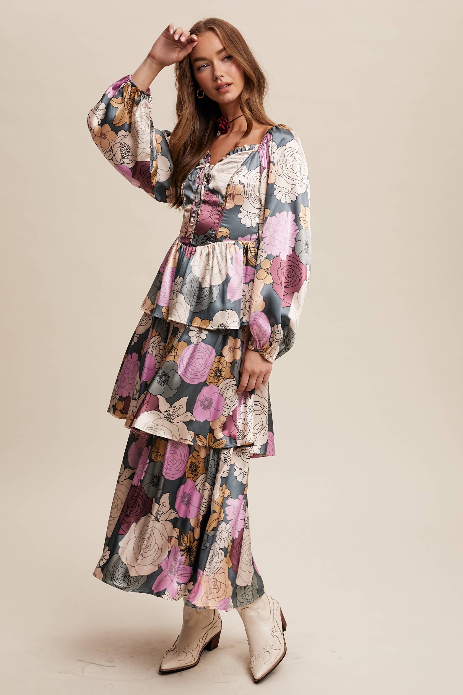 Listicle - Wholesale Dress - Women's - Floral Lace-Up Tiered Maxi Dress LD14484