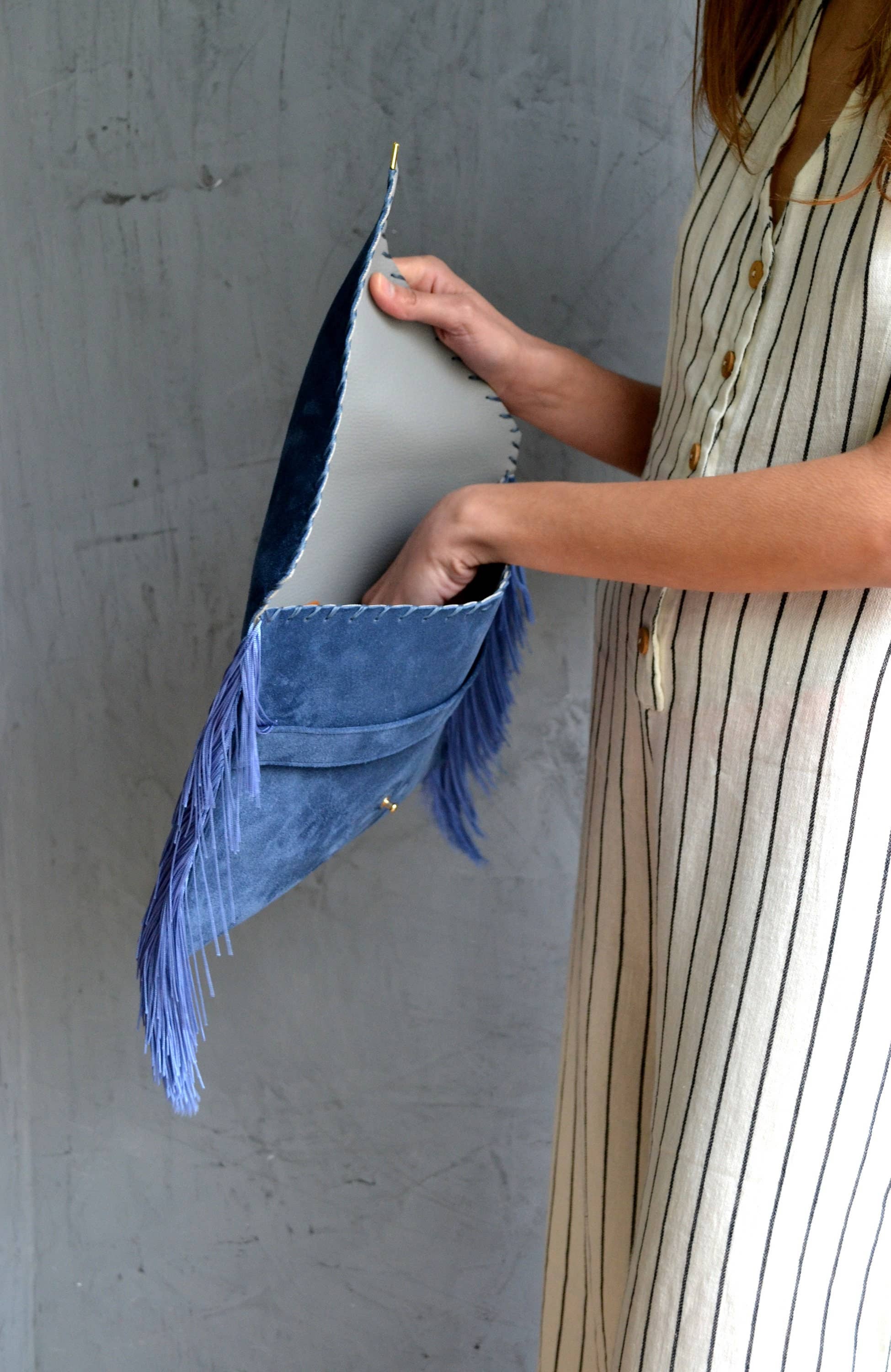 ANA KOUTSI - Wholesale Clutch Bag - Women's - Medusa Clutchin raf blue with silk fringes3