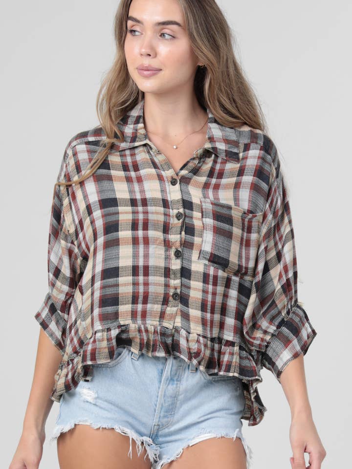 Chemise à carreaux avec ourlet à volants C2D27-RT05 pour la vente par ANGIE