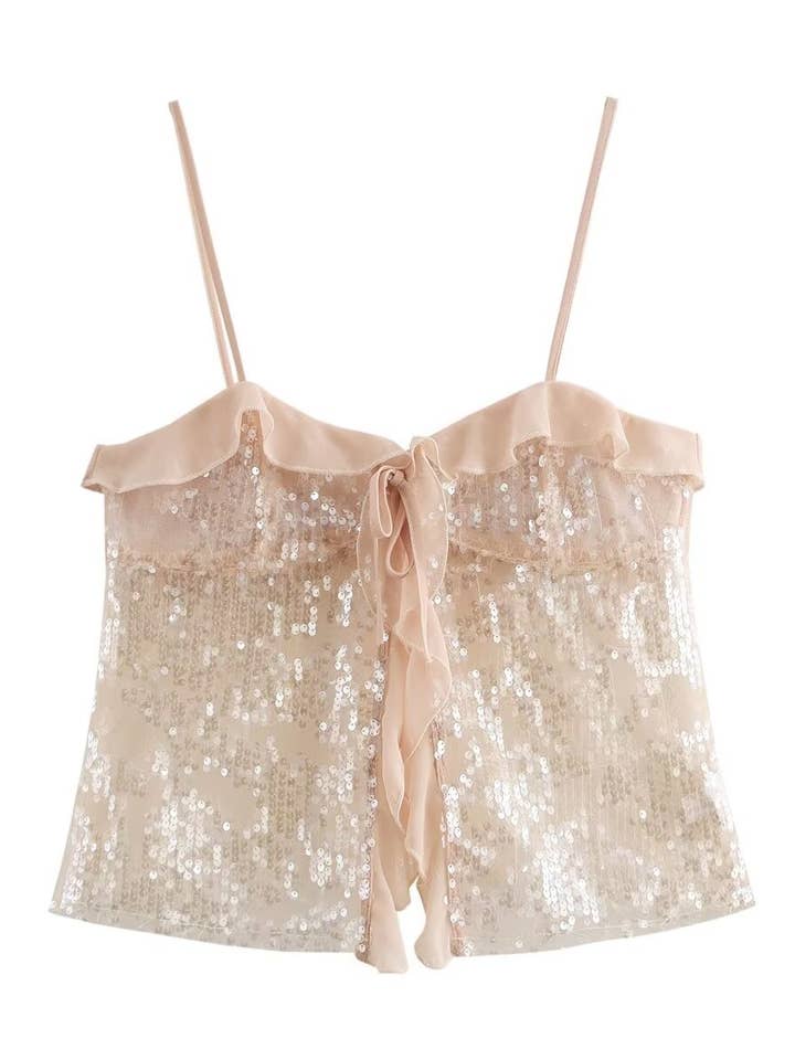 Sequin Ruffled Tie-Front Sheer Crop Camisole for wholesale by Rosa Clothing