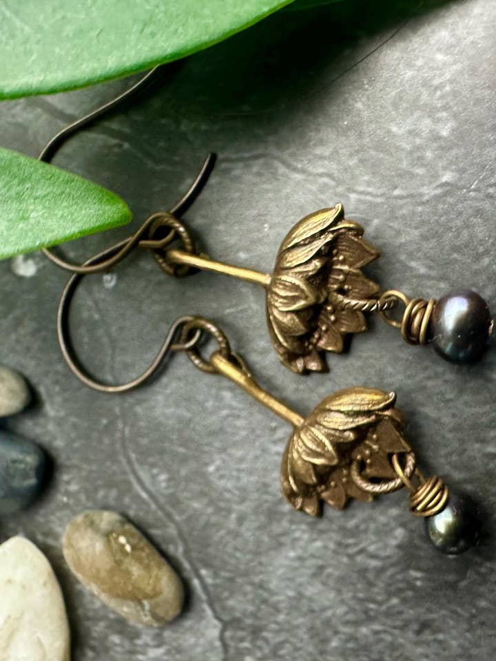 Lotus Flower Pearl Earrings - Handcrafted Brass for wholesale by The Sunstone on Main