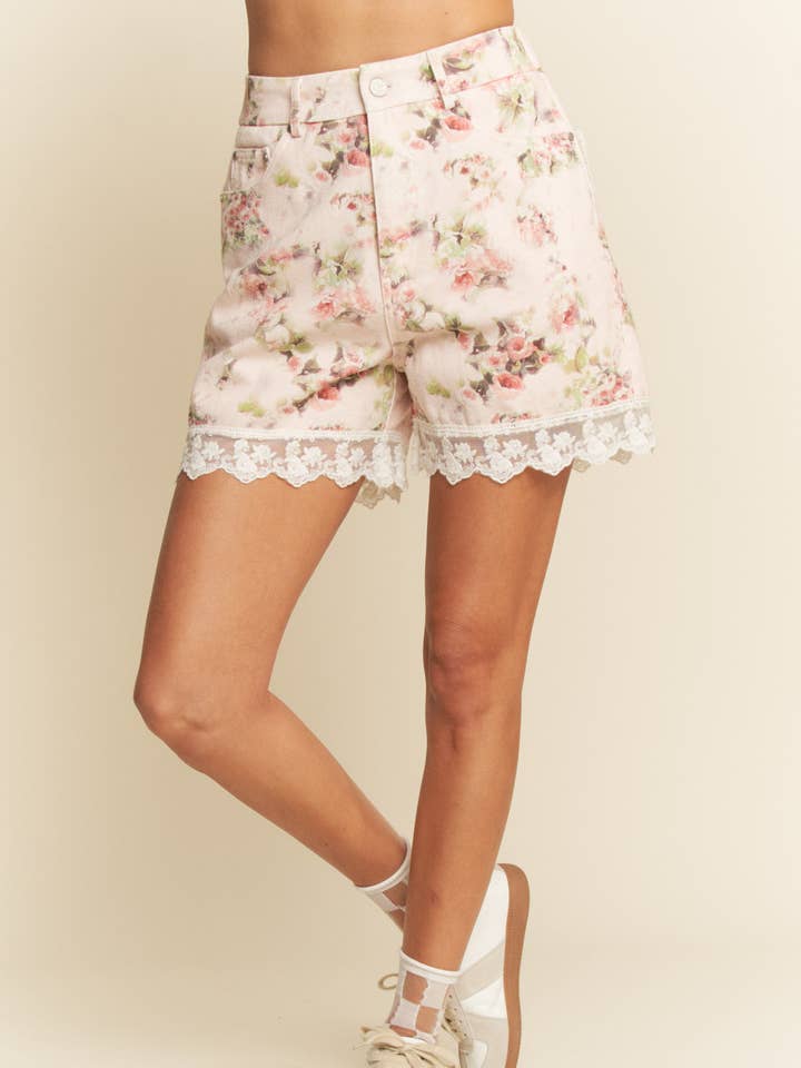 GARDEN FLORAL WASHED DEIM LACE DETAIL SHORTS for wholesale by Davi & Dani