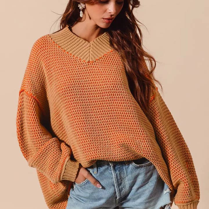 SO ME Oversized Two Tone Textured V Neck Sweater for wholesale by The Era NYC