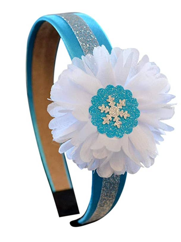 Frozen Princess Funkelnde Schneeflockenstirnband aus Satin mit Blumen für den Großhandel von Funny Girl Designs