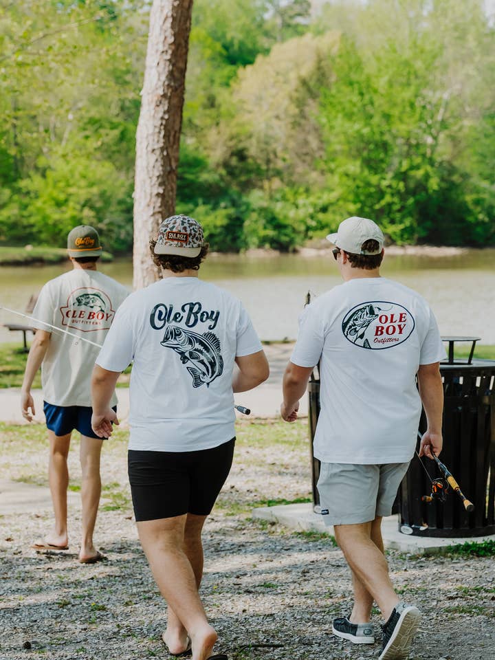 White OLE BOY Lured in Bass T-Shirt for wholesale on Faire