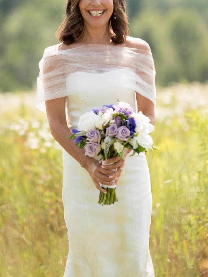 Swarovski and pearls| tulle bridal wrap for wholesale by The affordable bridal dress