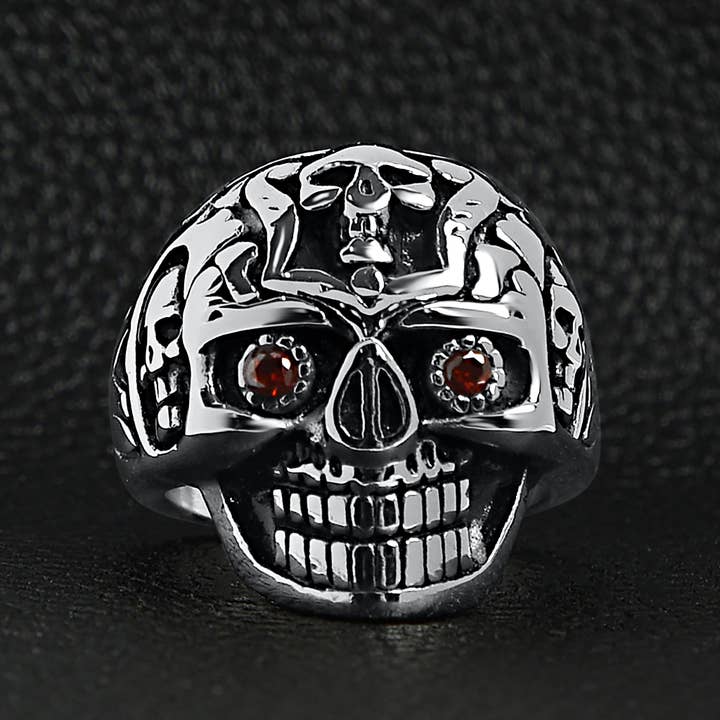 WJW - Vendita all'ingrosso Anelli cocktail/statement - Anello in acciaio inossidabile con teschio di zucchero con zirconia cubica rossa