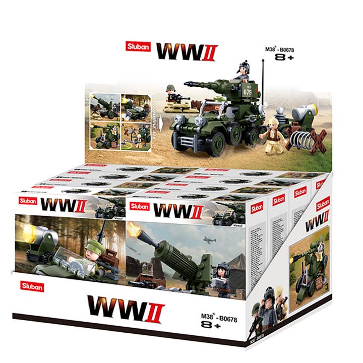 WWII 4-in-1 Army Half-Track Building Brick Display Set for wholesale by Texas Toy Distribution