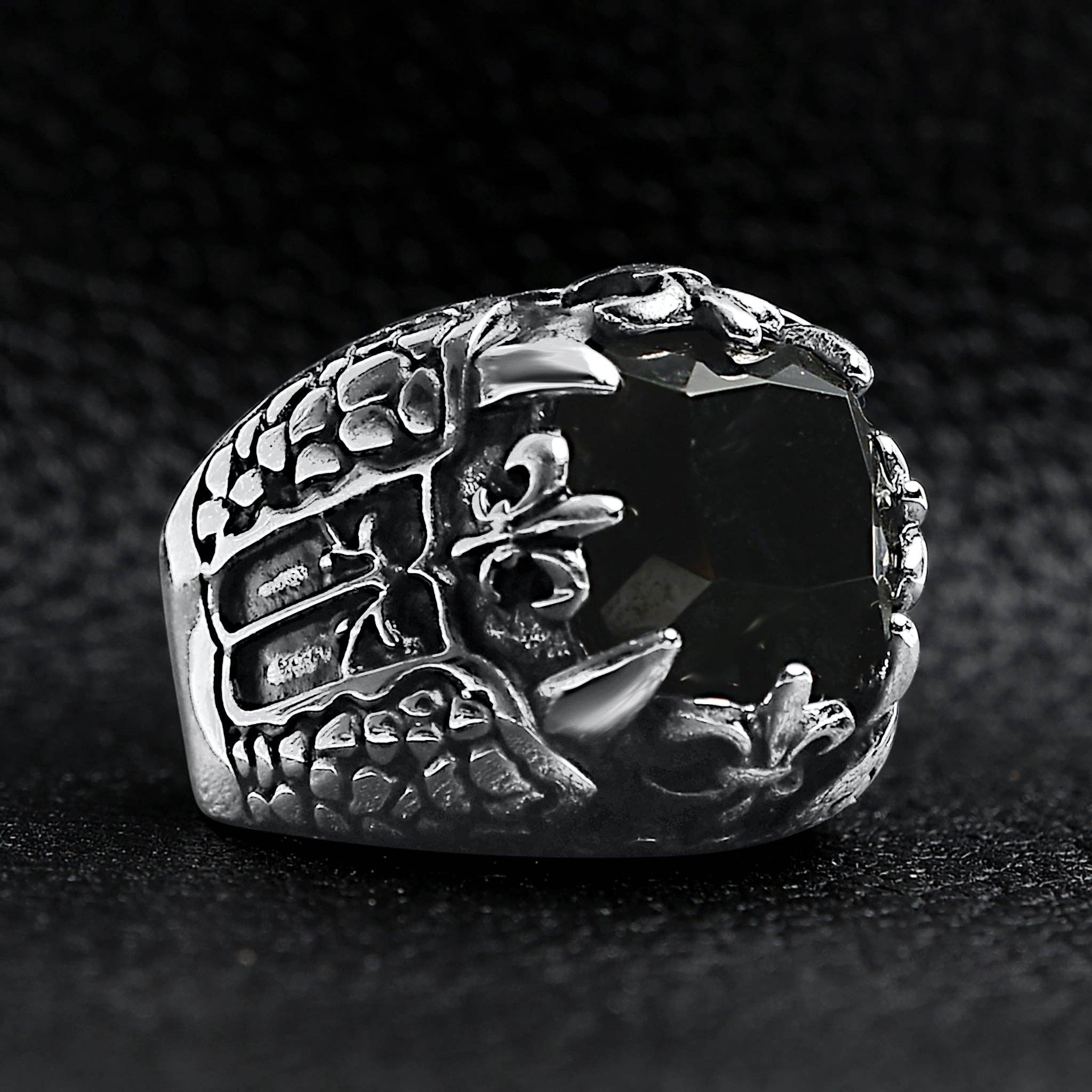 WJW - Wholesale Cocktail/Statement Ring - Stainless Steel Fleur De Lis Stone Gothic Statement Ring4
