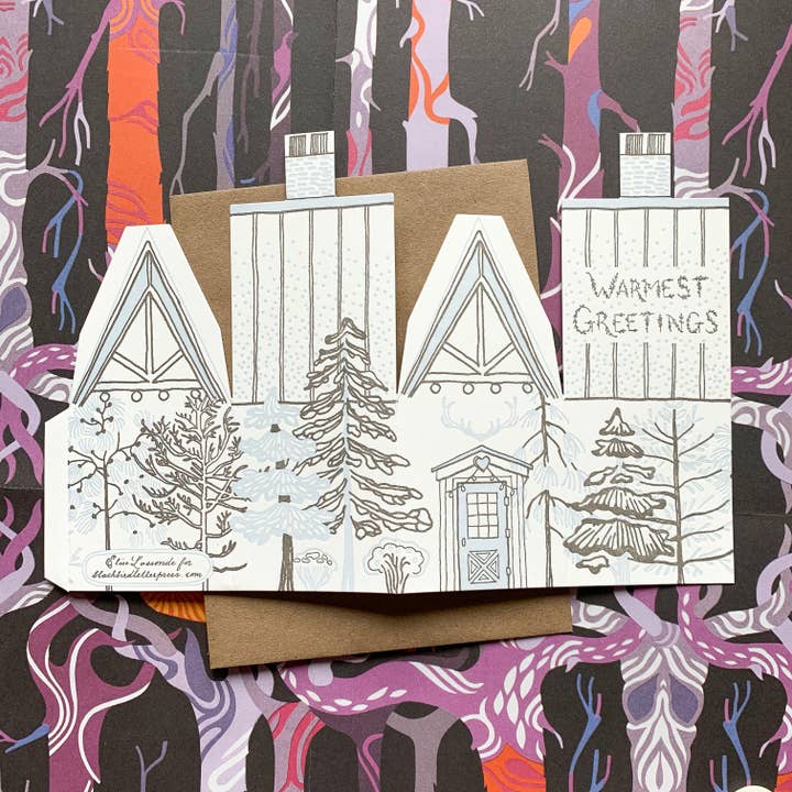 Blackbird Letterpress – wholesale Season’s Greetings card – 3D Warmest Greetings house holiday card3