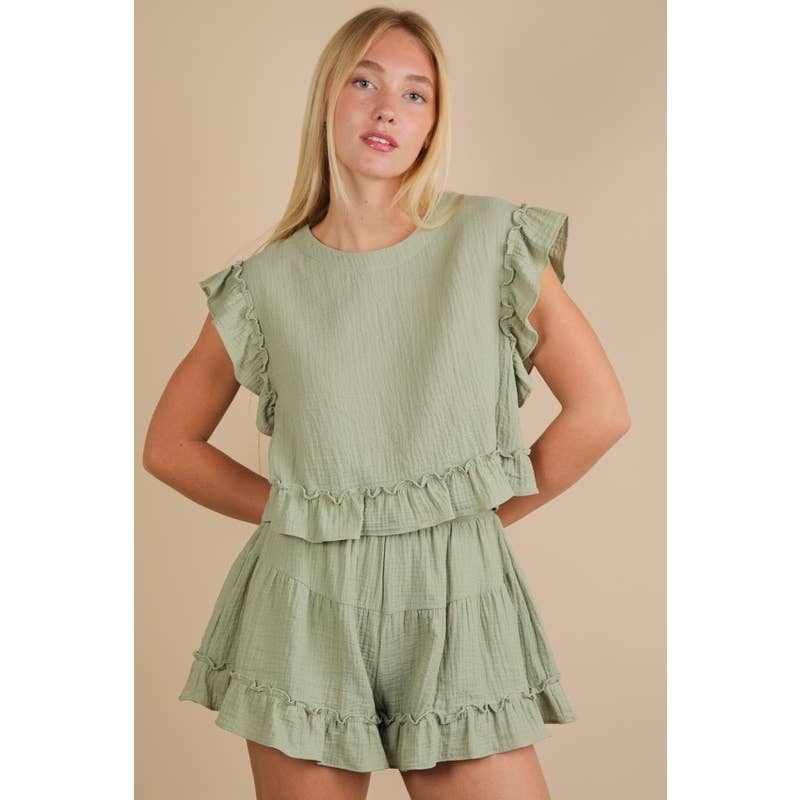 IVE - Vente Ensemble haut et short (PAS d'intérieur) - Femme - Ensemble haut tissé uni à volants ET short12