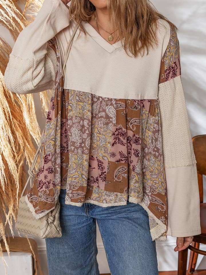 LDC Paisley Ethnic Print Contrast Patchwork Loose Top for wholesale by Little Daisy Closet