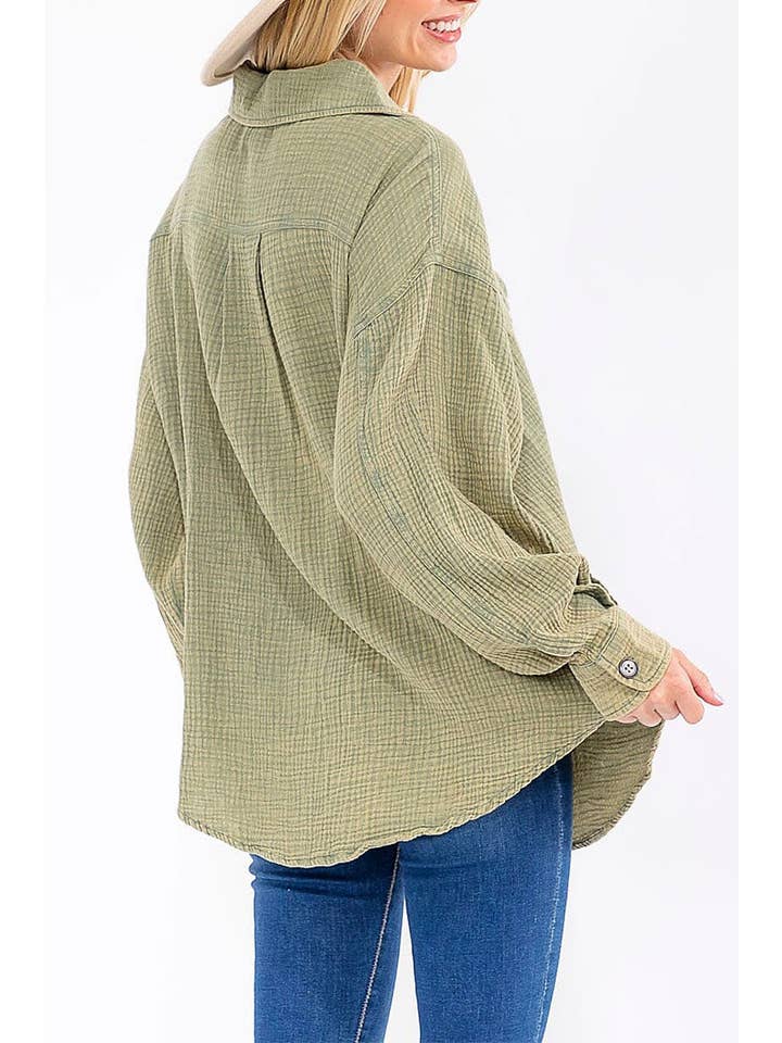 ROUSSEAU - Wholesale Button Down Shirt - Women's - BUTTON UP FRONT POCKETS WASHED OVERSIZED SHIRT13