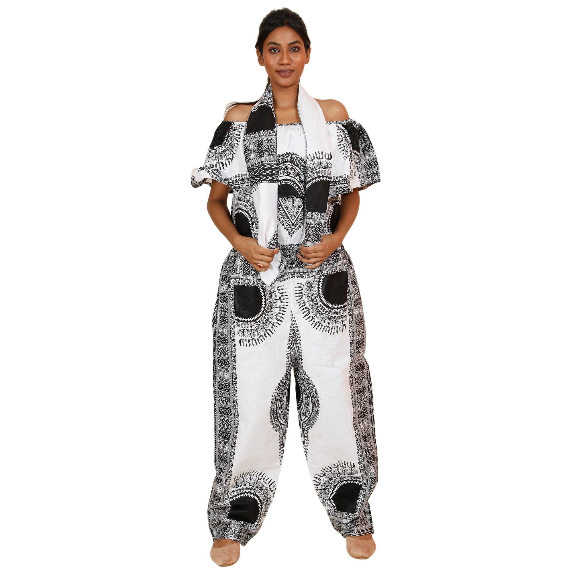 African Stars - Wholesale Jumpsuit - Women's - Women's Dashiki Off Shoulder Frill Jumpsuit -- FI-3061D5