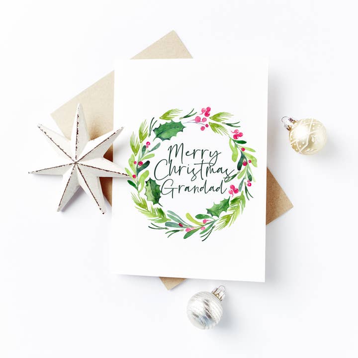 Merry Christmas Grandad Card - Aquarel krans ontwerp voor wholesale door Flash On A String Designs