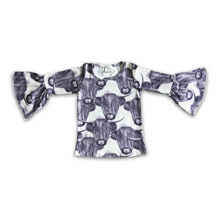 Yawoo Garments - Wholesale T-Shirt - Kids - Gray highland cow ruffle sleeves girls shirt