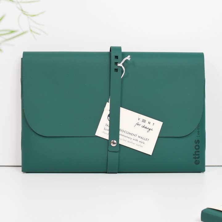 Recycled leather A4 document & tablet wallet - ETHOS Emerald for wholesale by VENT for Change