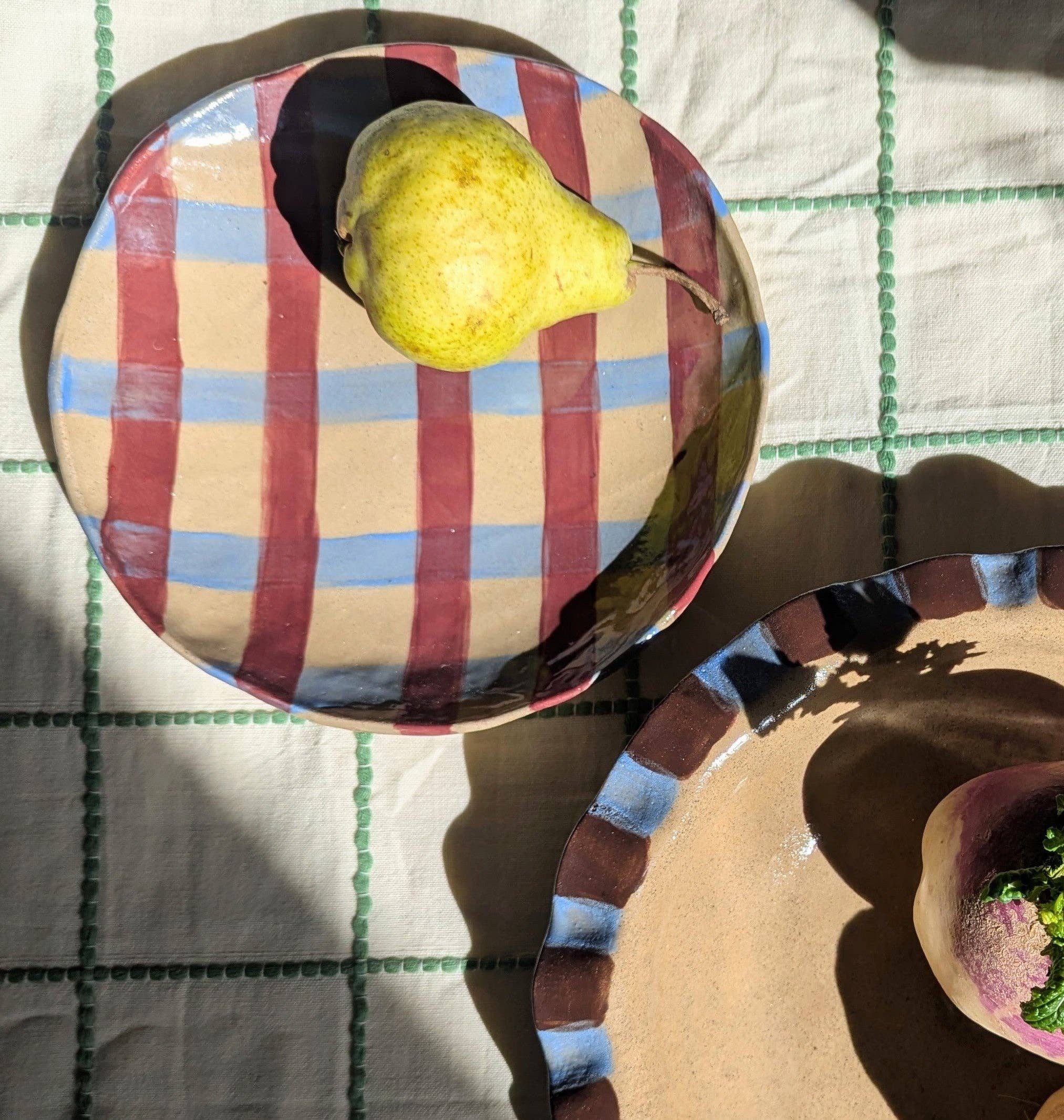 Rosie Gore – wholesale Serving bowl – Baby Blue & Burgundy Round Gingham Serving Bowl1