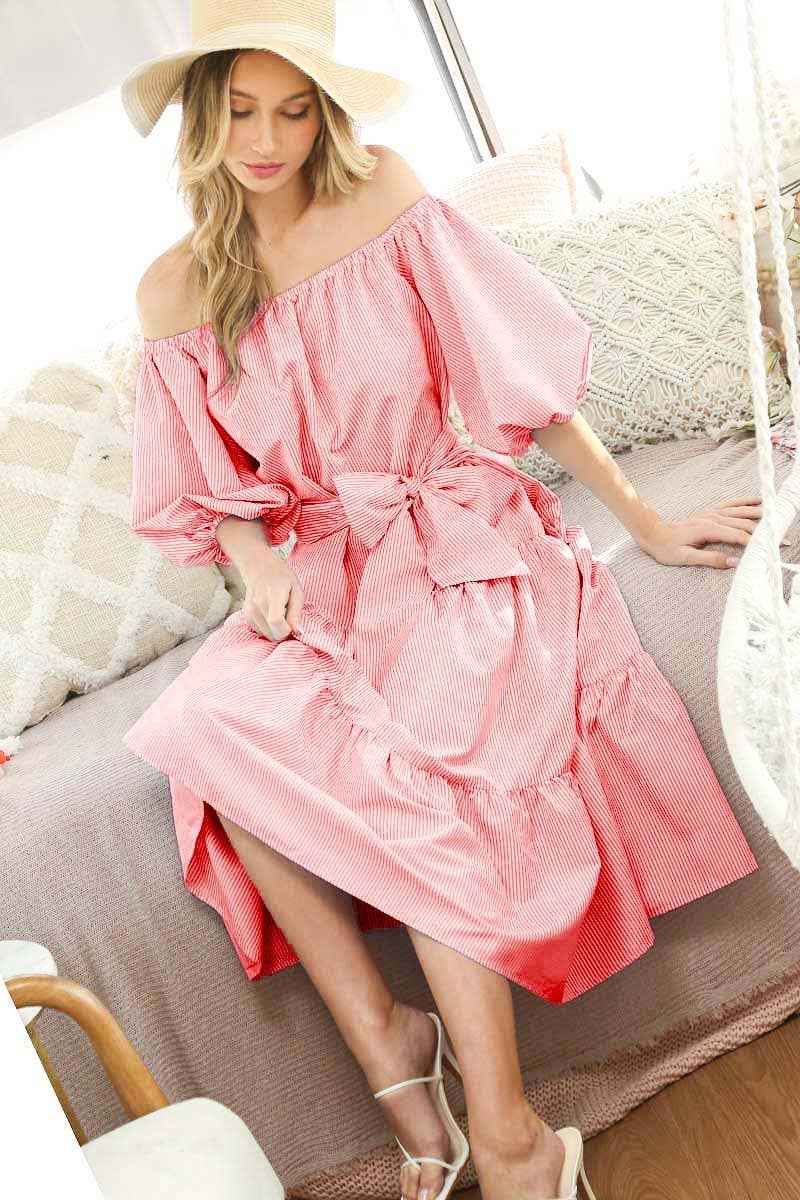 Vine & Love – wholesale Dress – Women's – Off-The-Shoulder Tie Waistband Tiered Striped Dress  VD7029610